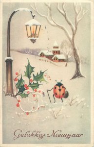 New Year greet Post card ladybug winter scenery illustration