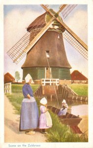 Netherlands Scene On The Zuidersee Locals and Windmill