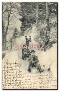 Old Postcard of Sports & # 39hiver Skiing Children Sledding