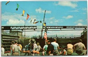 Passengers on cruise inside ship in Soo Locks, Sault Ste Marie Michigan