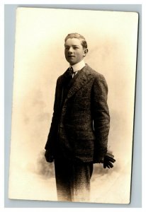 Vintage 1910's RPPC Postcard Studio Portrait Young Man in Nice Suit