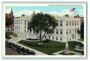 c1930s Ashland County Court House, US Flag, Vintage Cars Ashland OH Postcard