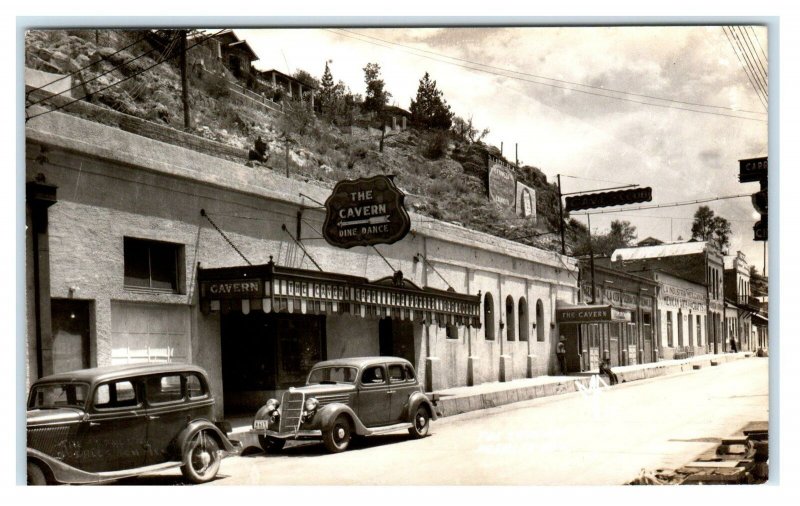 RPPC NOGALES, Mexico ~ Roadside Street Scene ~ THE CAVERN c1930s Cars Postcard