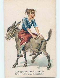 Pre-Linen foreign WOMAN RIDING BACKWARDS ON DONKEY MULE HL9574