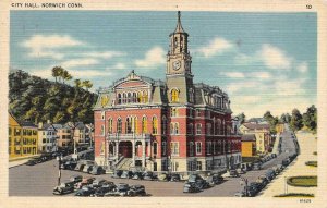 NORWICH, CT Connecticut  CITY HALL & CLOCK TOWER~Street View~Cars  1953 Postcard