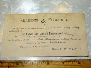 1885 Masonic Sociable at Masonic Hall Chicopee, MA, Engraved Trade Card F13