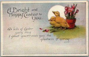 Vintage 1910s EASTER Greetings Postcard Baby Ducklings Tulip Flowers Series 276 