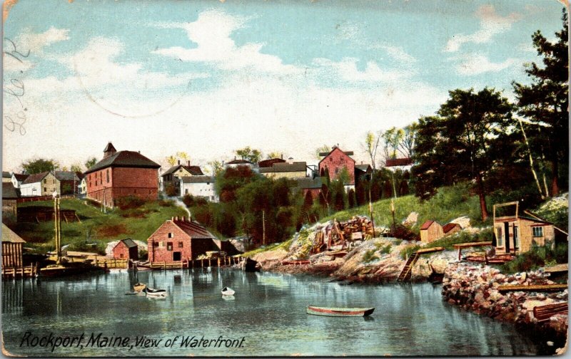 Rockport Maine - waterfront view of town, vintage Hugh C. Leighton postcard