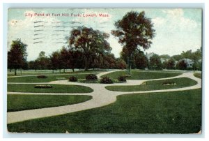 1912 Lily Pond at Fort Hill Park, Lowell, Massachusetts MA Antique Postcard