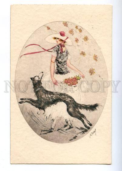 176739 ART NOUVEAU Lady GREYHOUND by KABY Vintage PC