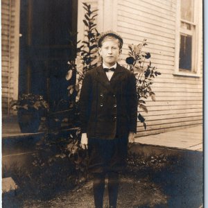 c1910s Handsome Young Man RPPC Little Boy Outdoors House Real Photo Dapper A160