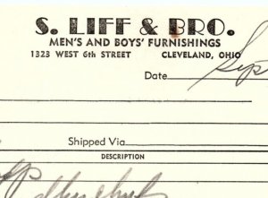 1937 S. LIFF & BRO CLEVELAND OHIO MENS & BOYS FURNISHINGS BILLHEAD INVOICE Z999