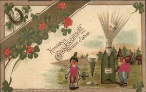 German New Year - Gnomes Elves Popping Champagne Bottle -...