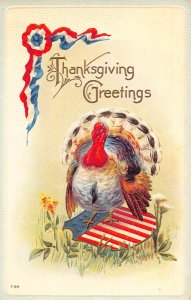 Thanksgiving Greetings Turkey US Coat of Arms Ribbon embossed postcard B988