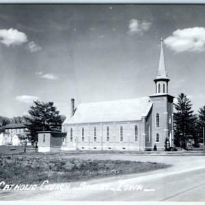 c1950s Ackley, IA RPPC Catholic Church Building Tall Spire Chapel Building A109