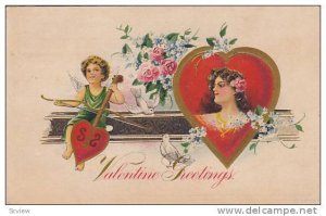 Cherub on Heart violin & woman, Valentine , PU-1917