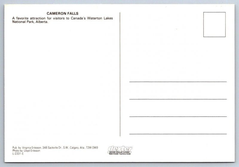 Cameron Falls, Waterton Lakes National Park, Alberta, Chrome Postcard #1