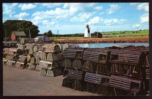 PEI VICTORIA HARBOUR Lobster Traps on the Wharf Lighthouse Background - Chrome