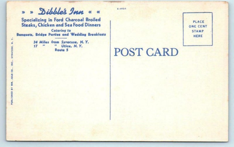VERNON, New York NY ~ Roadside DIBBLE'S INN Oneida County c1940s Linen Postcard