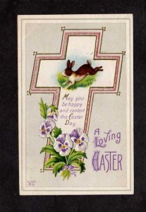 A Loving Easter Greetings Postcard Cross Bunny Rabbit Flowers 1913