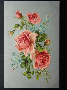 Flower Theme PINK ROSES / FORGET ME NOTS & CLOVER c1910 Embossed Postcard