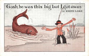 WHITE LAKE COMIC FISHING EXAGGERATION ARTIST SIGNED LAUDER POSTCARD (c. 1910)