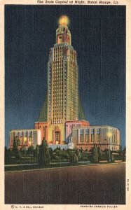 Vintage Postcard 1950's  State Capitol Building At Night Baton Rouge Louisiana
