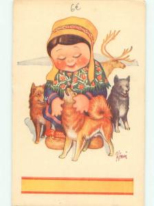 foreign Old Postcard signed EUROPEAN GIRL PLAYING WITH HER DOGS AC3153