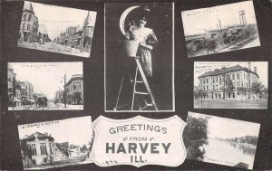 Harvey Illinois Greetings Street Scene and Buildings Postcard AA33144