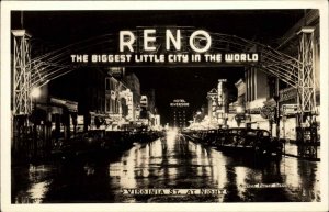 Reno Nevada NV Virginia St. at Night Real Photo Postcard