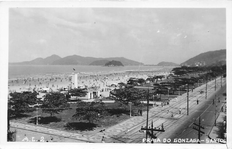 São Paulo Santos Brazil-Praia Do Gonzaga~Beach & Street Scene~RPPC-Postcard