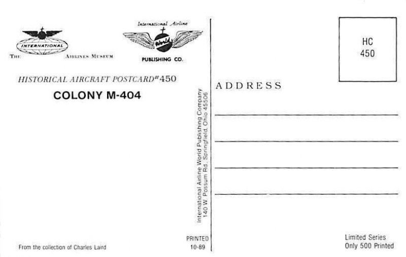 Airline Postcards      Colony Airlines M-404  