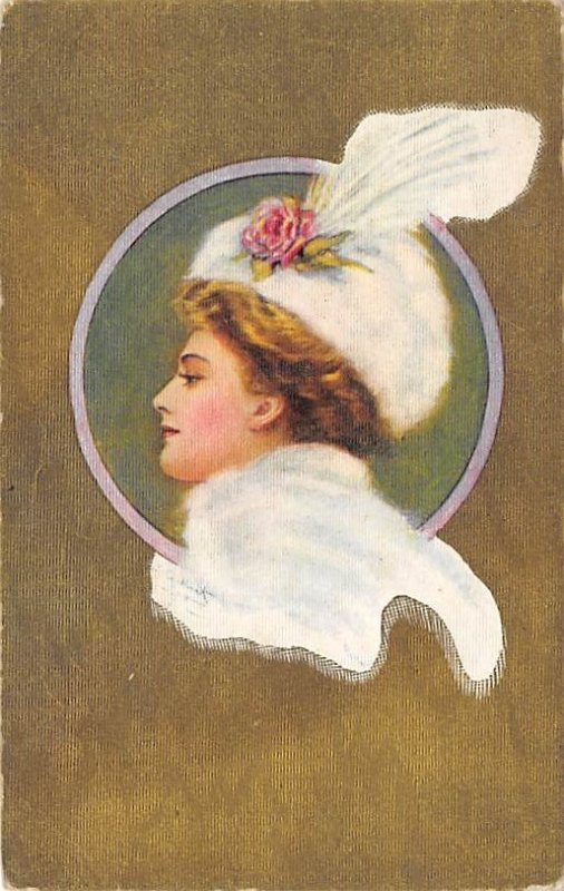 Woman wearing a white hat with a white feather Glamour Woman Unused 