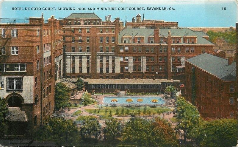Savannah GA~Hotel De Soto Court~Pool and Minature Golf Course~1931 Postcard
