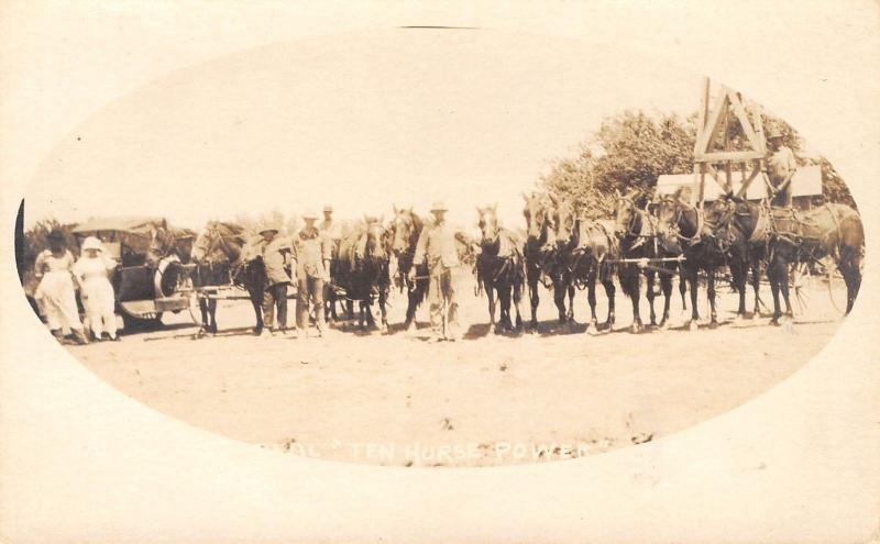 Real Photo Postcard~Comic Pun~Real Ten Horse Power~Car~10 Horses~c1915 RPPC 