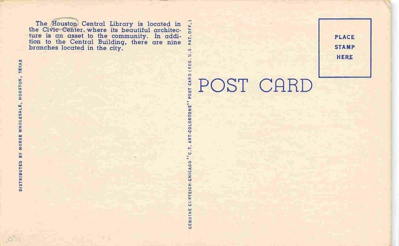 Houston Central Library Houston Texas linen postcard
