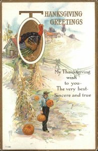 Thanksgiving Farmer Pumpkins Turkey c1920 Vintage Postcard