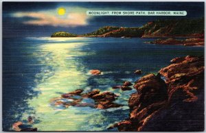 Bar Harbor Maine ME, Full Moon, Moonlight from Shore Path, Blue Ocean, Postcard