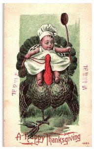 Anthropomorphic Boy Riding Thanksgiving Turkey w Spoon Postcard