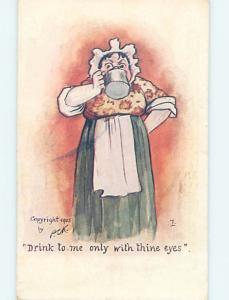 Pre-1907 comic signed WOMAN DRINKING FROM CUP HL2233