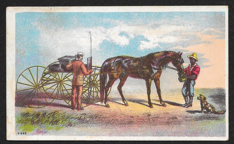 VICTORIAN TRADE CARD Elmer Furniture Horse Carriage & Black Man Feeding Horse
