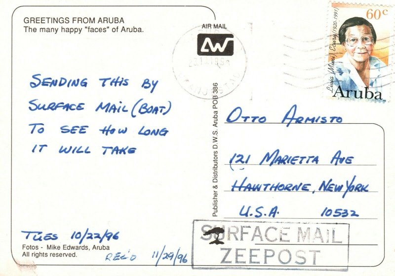 Aruba, One Happy Island, Many Happy Faces, 1999 Greetings Card, Vintage Postcard