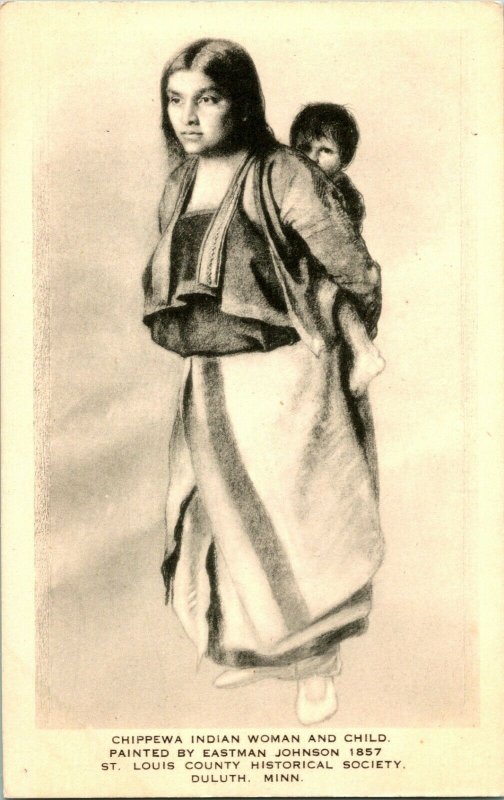 Vtg Postcard Artvue Chippewa Indan Woman and Child Eastman Johnson Painting