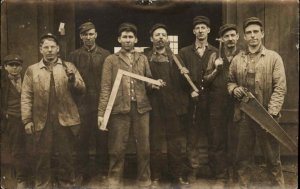 Social History Work Labor Young Men Pose Carpentry Tools Real Photo Postcard