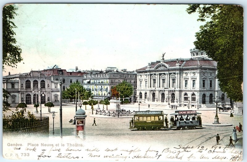 1904 Geneva Switzerland Place Neuve Theatre Square Trolley Car Excelsior Ad A374