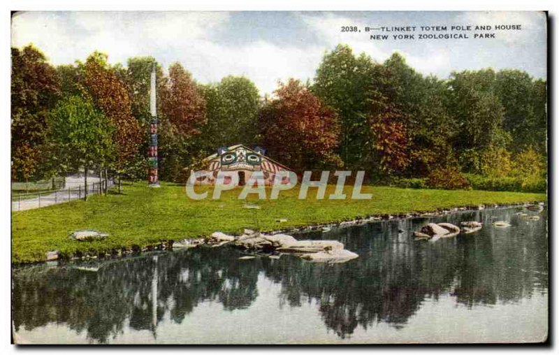 Postcard Old Tlinket Totem Pole and House New York Zoological Park