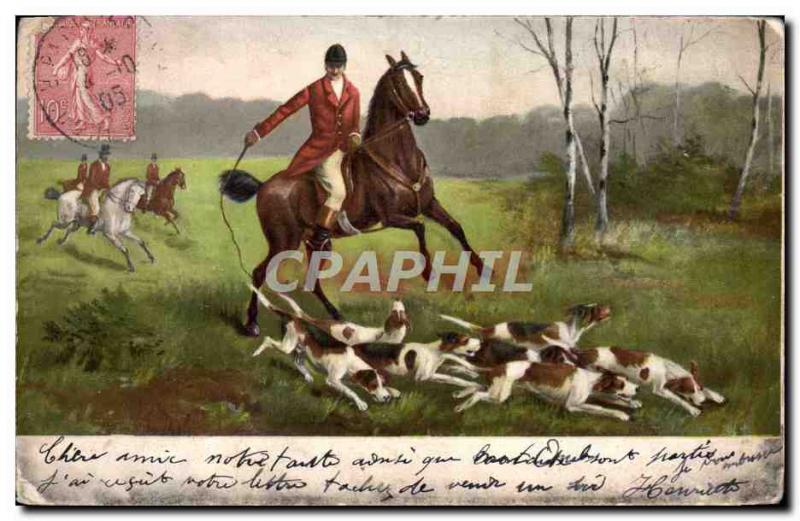 Old Postcard Equestrian Hunting Dogs