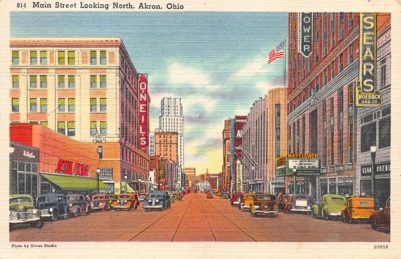 Main Street Looking North, Akron, Ohio, Early Linen Postcard, Used in 1950