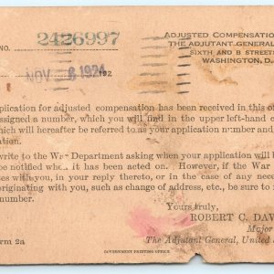 1924 US Army Adjusted Compensation Request Postcard War Dept Robert Davis A30