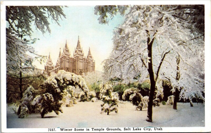 Winter Scene Temple Grounds Salt Lake City Utah UT Snow WB Postcard VTG UNP 